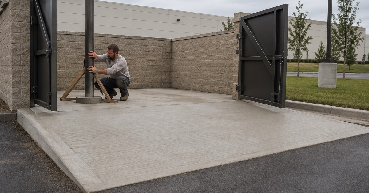 A concrete filled bollard being set at a new six inch dumpster pad in Georgetown, the screening walls and steel gates standing behind it.