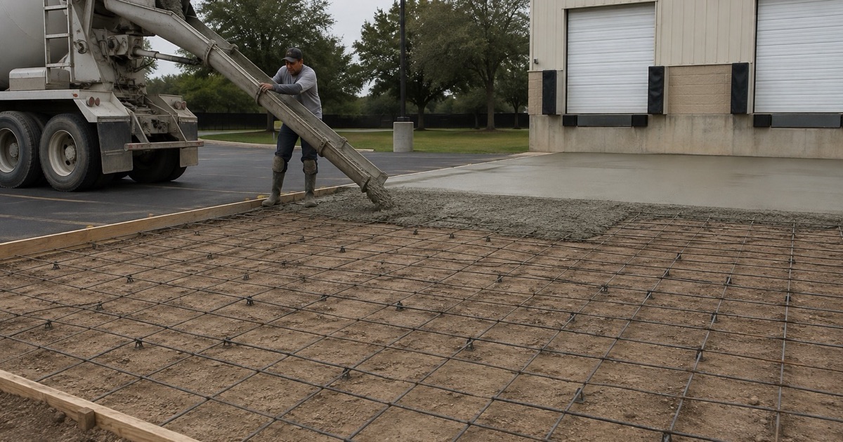 A ready mix chute discharging into a formed commercial parking lot section in Georgetown, concrete building against the form.