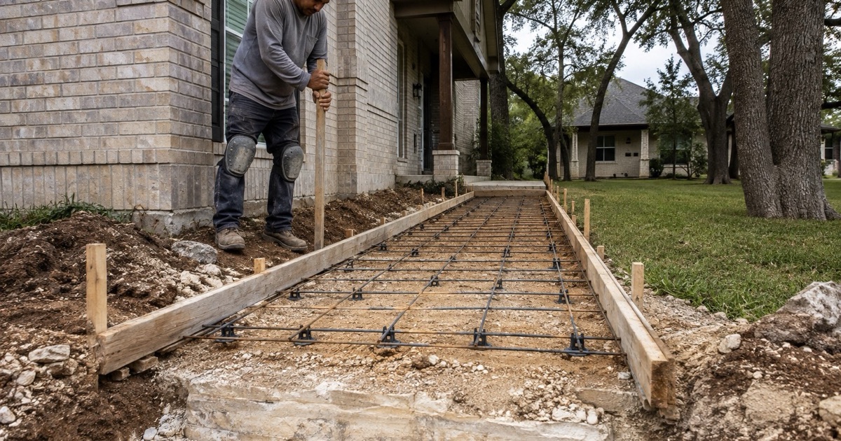 A plate compactor being walked across fresh base course inside the forms of a new Georgetown slab, ahead of the pour.