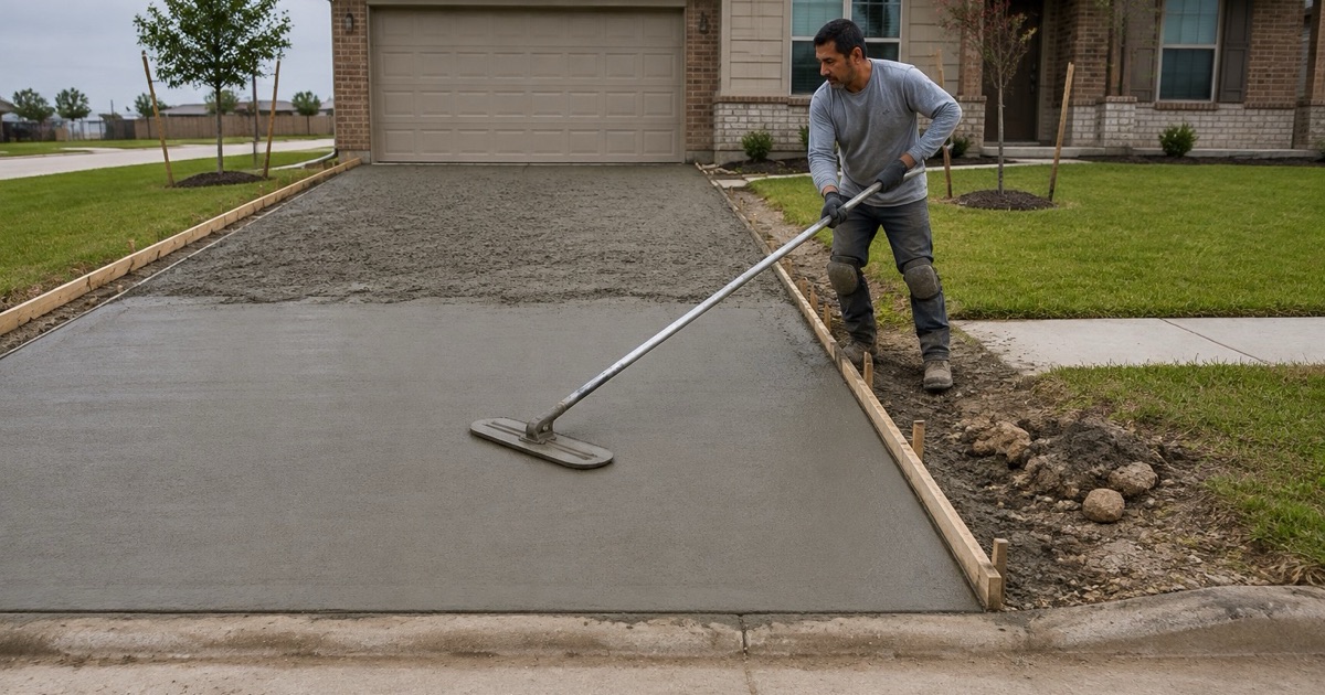 A bull float being drawn across a freshly placed concrete driveway in Georgetown, the drive running down to an approach that meets the curb flush.