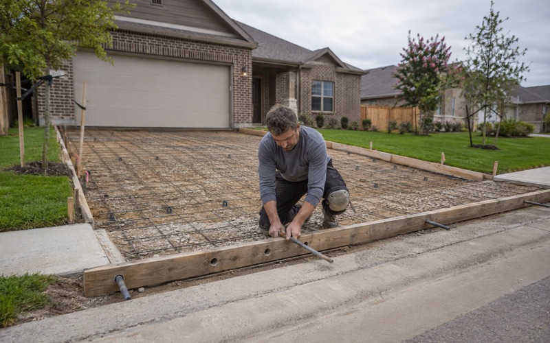 Dowel bars being set through the header of a new Georgetown drive approach at the curb, before any concrete is placed.