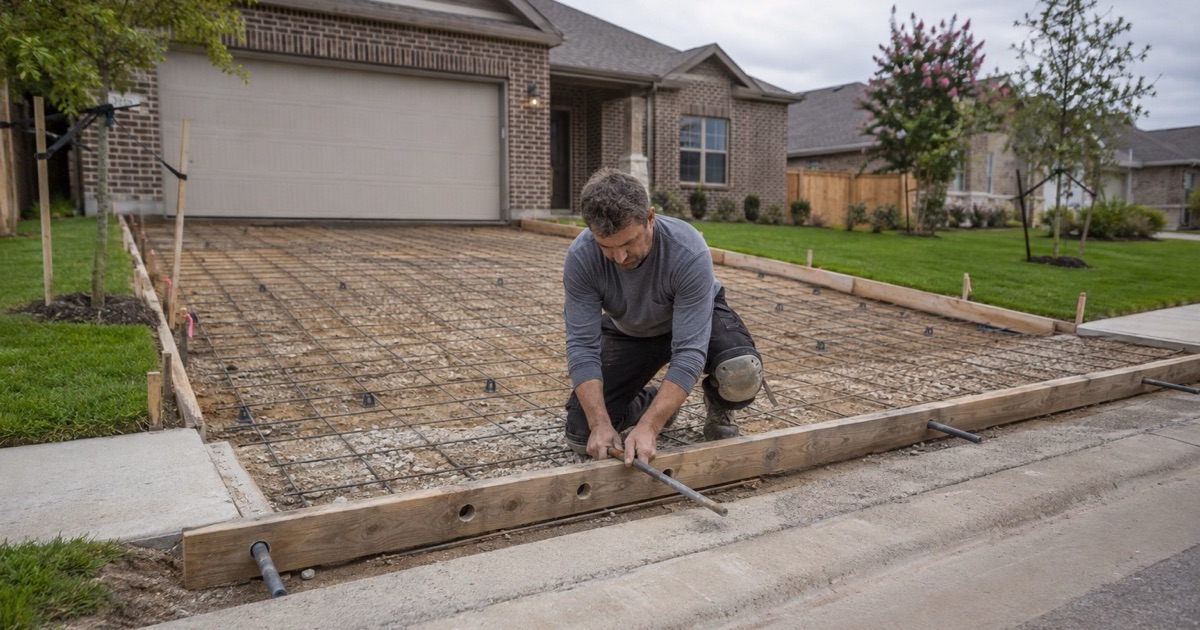 Dowel bars being set through the header of a new Georgetown drive approach at the curb, before any concrete is placed.