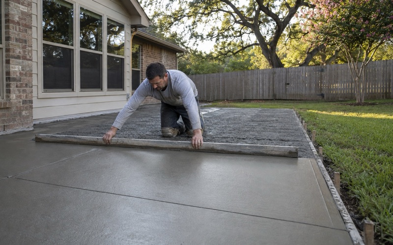 A screed board being drawn across a freshly placed concrete patio in Georgetown, wet concrete heaped ahead of it.