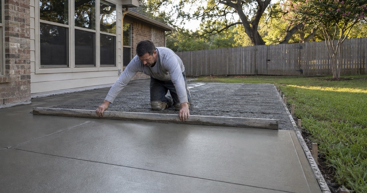 A screed board being drawn across a freshly placed concrete patio in Georgetown, wet concrete heaped ahead of it.