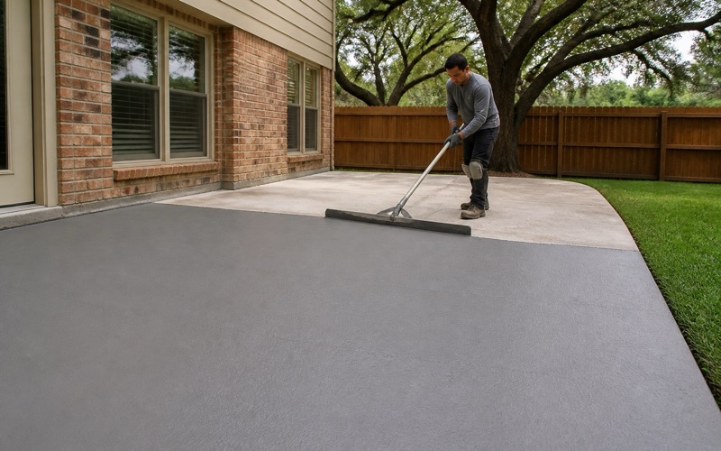 A polymer overlay being spread with a gauge rake across a sound concrete patio in Georgetown, the coated half meeting the bare half.