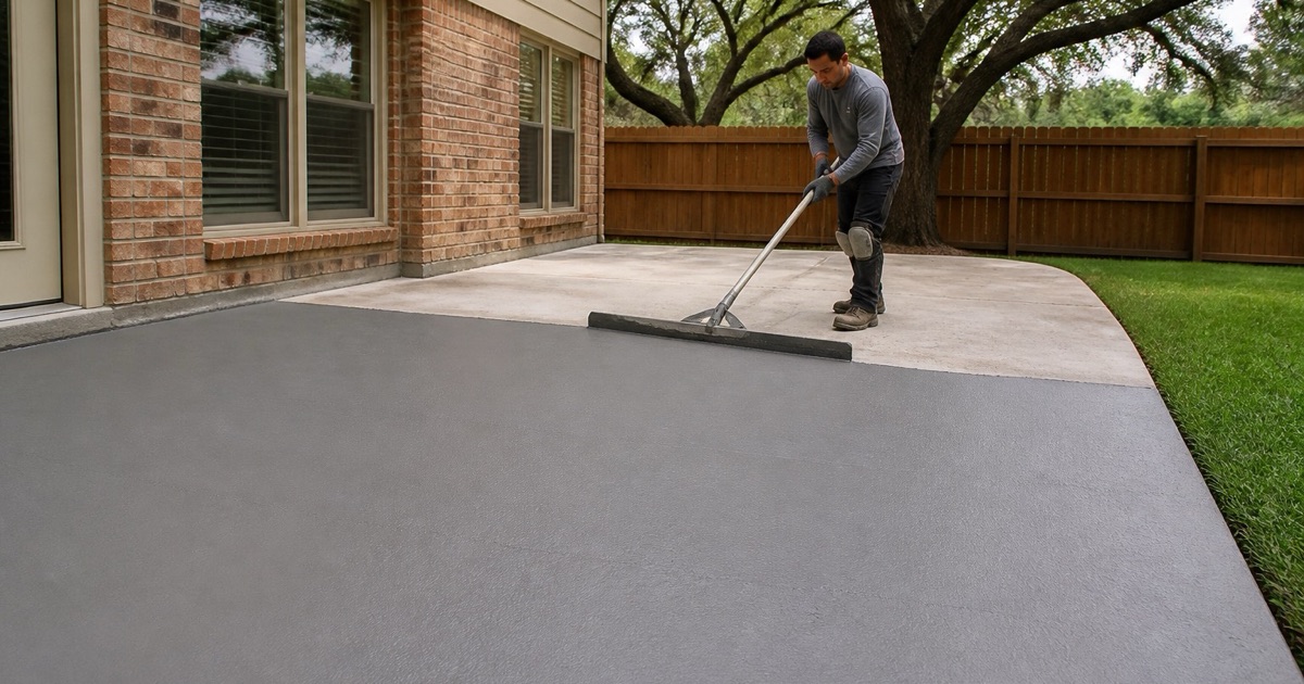 A polymer overlay being spread with a gauge rake across a sound concrete patio in Georgetown, the coated half meeting the bare half.