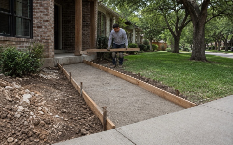 A form board being set for a new concrete walk in Georgetown, running from the porch landing out to the city sidewalk.