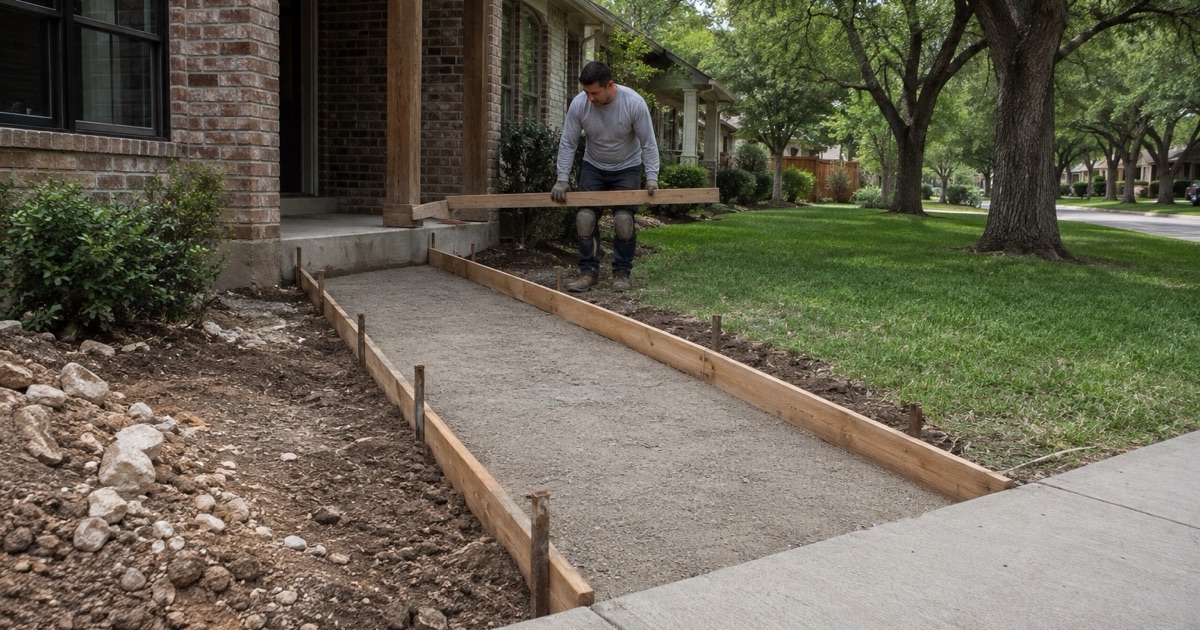 A form board being set for a new concrete walk in Georgetown, running from the porch landing out to the city sidewalk.