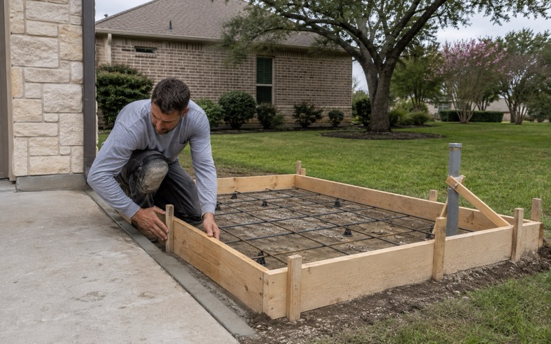 Forms being set on compacted base for a new generator pad in Georgetown, the reinforcement already tied inside them.