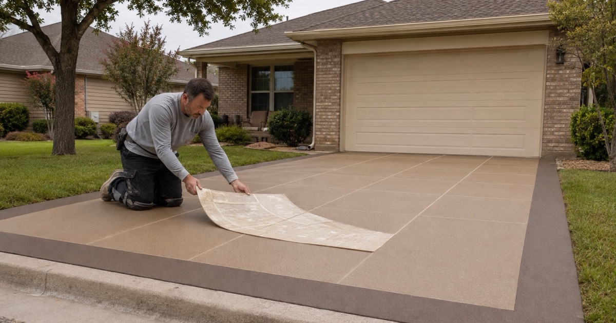 A stencil being lifted off a freshly color coated Georgetown driveway, revealing simulated grout lines and a plain contrasting border.