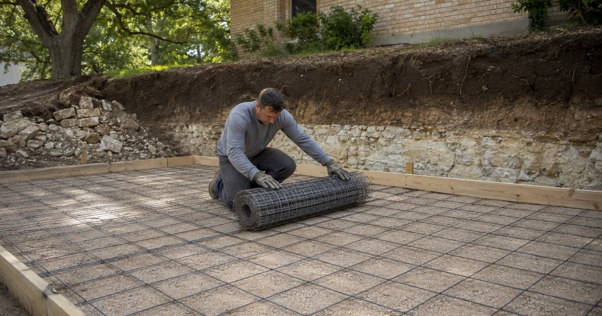 Welded wire mesh being rolled out on chairs over compacted base for a new Georgetown slab, with limestone showing within a foot in the cut behind.