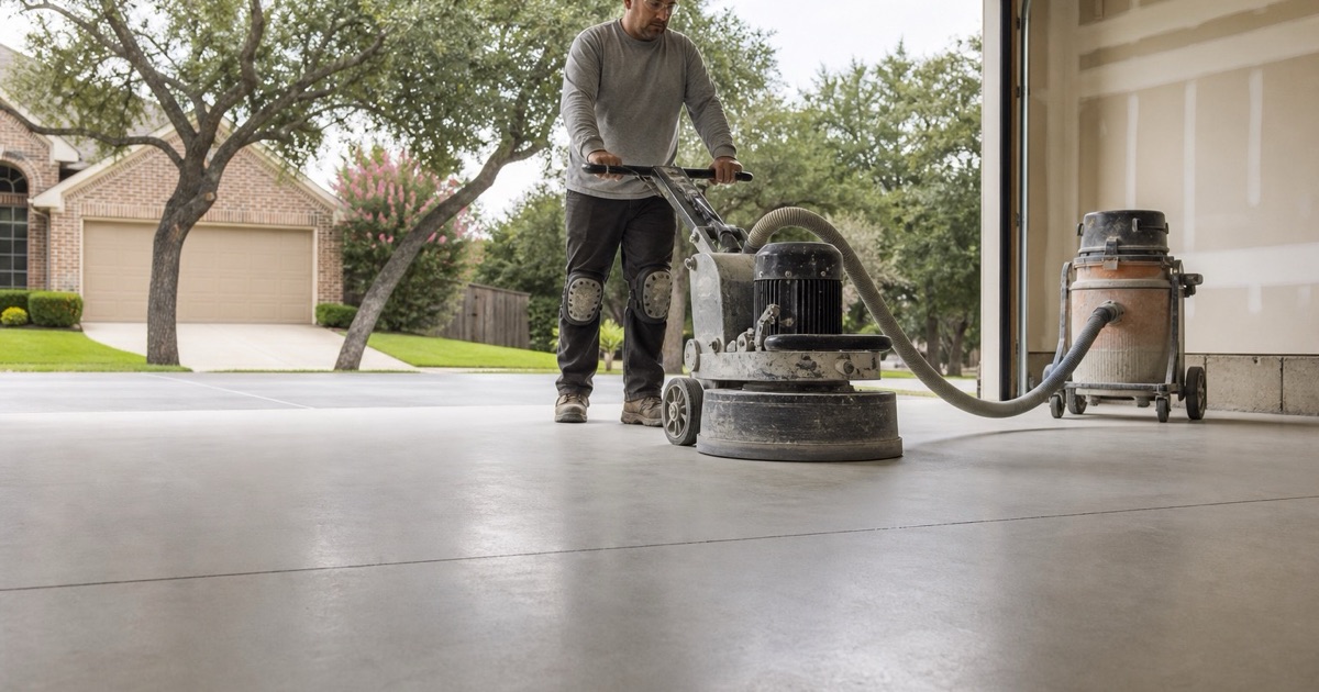 A planetary grinder working a polished concrete floor in a Georgetown commercial interior, the polished and unpolished halves meeting in a line.
