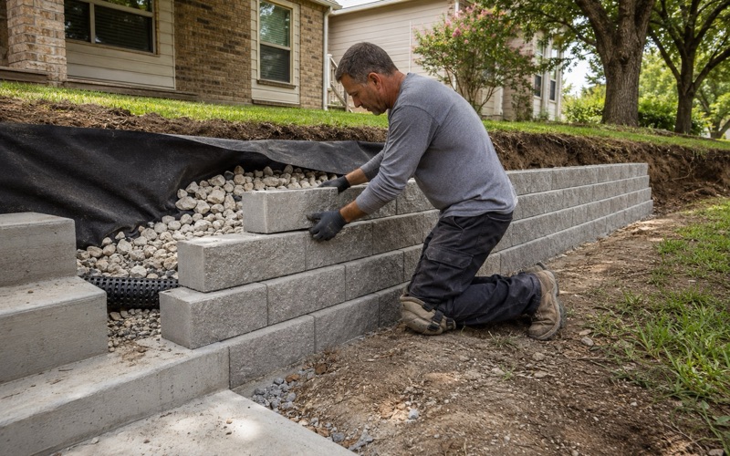 A segmental concrete retaining wall going up course by course in Georgetown, with drainage stone and pipe being backfilled behind it.