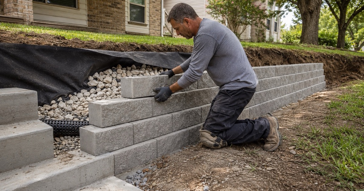 A segmental concrete retaining wall going up course by course in Georgetown, with drainage stone and pipe being backfilled behind it.