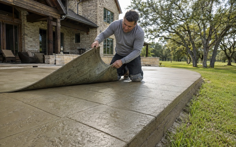 A stamp mat being peeled back off green colored concrete on a custom home patio near Georgetown, revealing the pattern beneath.