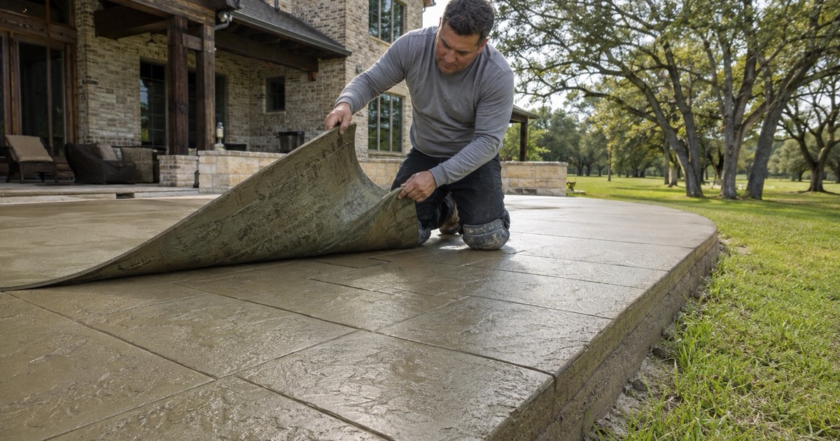 A stamp mat being peeled back off green colored concrete on a custom home patio near Georgetown, revealing the pattern beneath.