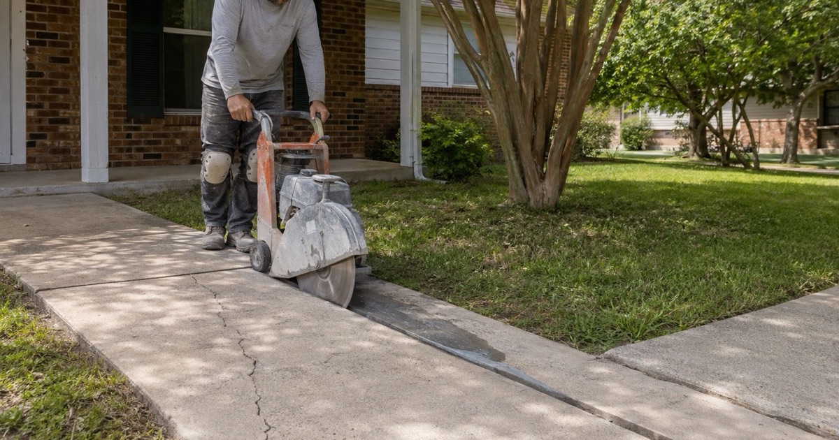A walk behind saw opening a straight cut along a cracked concrete slab in Georgetown, slurry running off the blade.